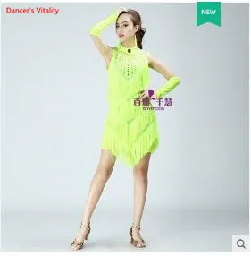 Fluorescent green Костюмы для латиноамериканских танцев сальса танго ча-ча костюмы для бальных танцев конкурс кисточкой Танец живота платье 6 цветов - Цвет: Fluorescent green