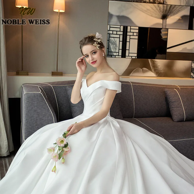 NOBLE WEISS Luxury Satin White Wedding Dresses A-line Long Court Train Bridal Gowns With Sexy Off the Shoulder Vestido De Novias | Свадьбы и