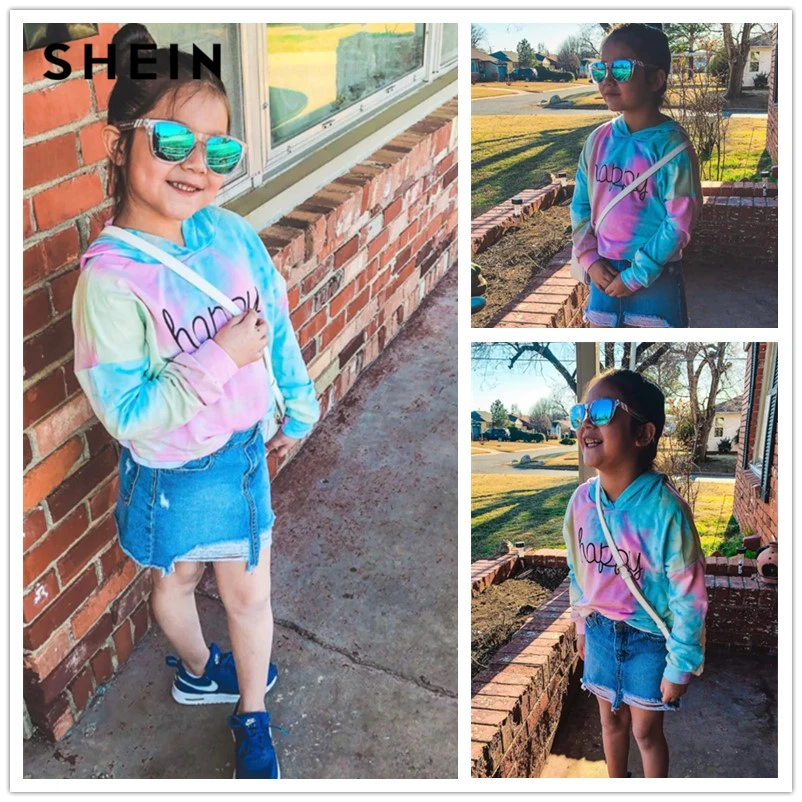 SHEIN/милые толстовки для девочек с надписью «Happy Print Tie Dye», топы для девочек, г. Весенние корейские модные толстовки с длинными рукавами для девочек