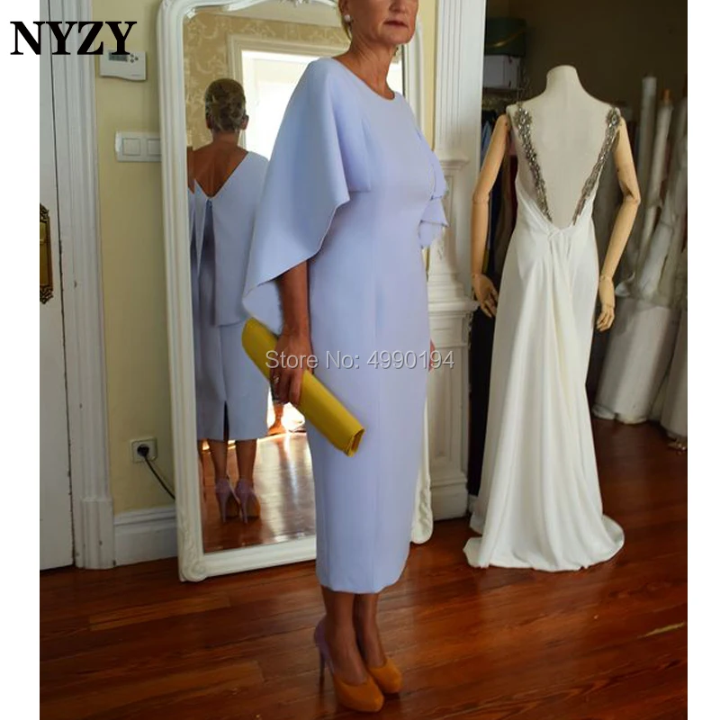 

NYZY M164 Simple Elegant Cape Sleeve Robe Cocktail Formal Dress Tea Length Blue Mother of the Bride Groom Dresses 2019