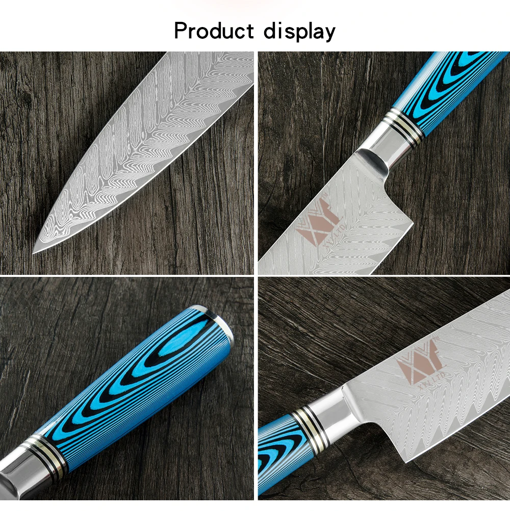 

XYj Damascus Steel 8'' Chef Knife Cooking Kitchen Tools Blue Handle Fish VG10 Blade Knife Meat Fish Kitchen Hotel Gadgets