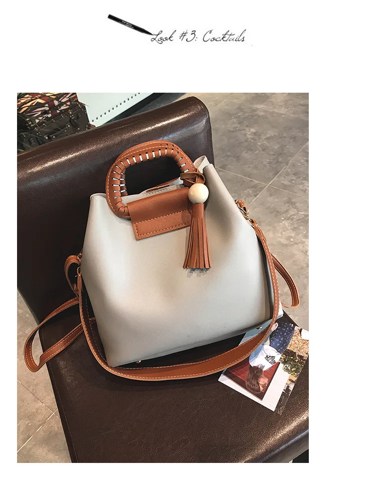 Женская сумка 2018 новый стиль Сумочка Мода Чистый цвет ведро кисточкой мешок