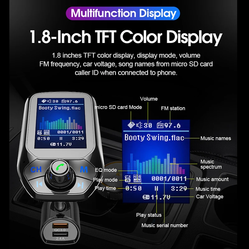 1,8 дюймов цветной дисплей Bluetooth fm-передатчик беспроводной автомобильный fm-модулятор MP3-плеер автомобильный комплект громкой связи QC3.0 автомобильное зарядное устройство