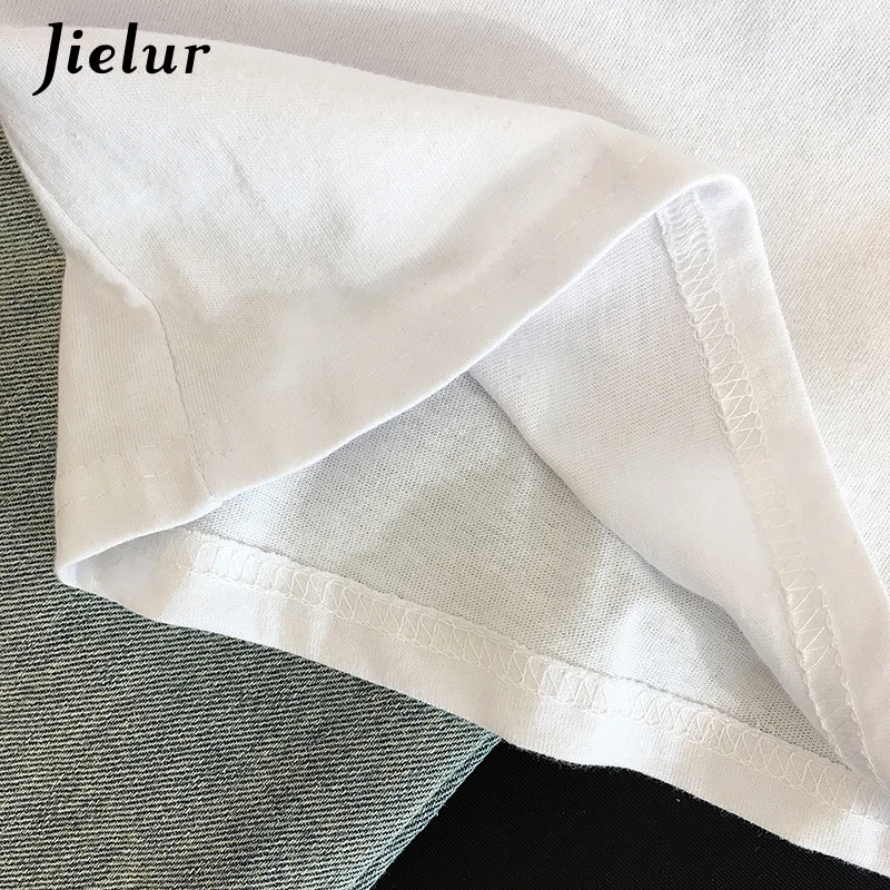Jielur хит цвет женские футболки летние с буквенным принтом свободные белые круглым