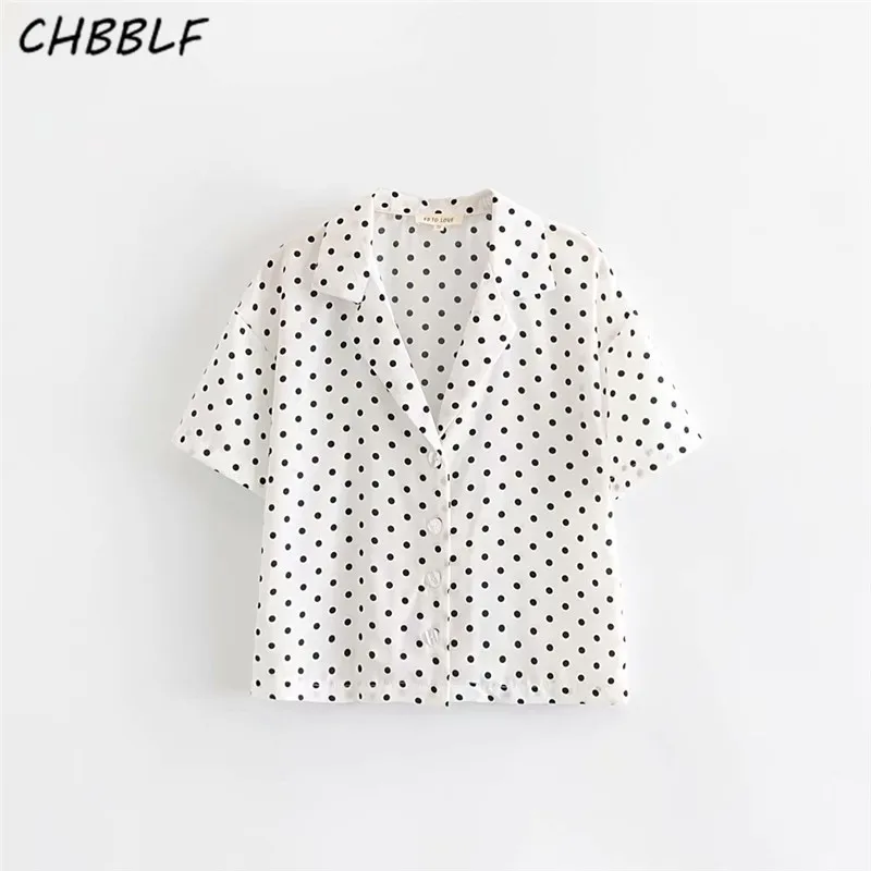 CHBBLF women dot pattern white blouse short sleeve shirts notched colllar female casual tops blusas WDD87103 |
