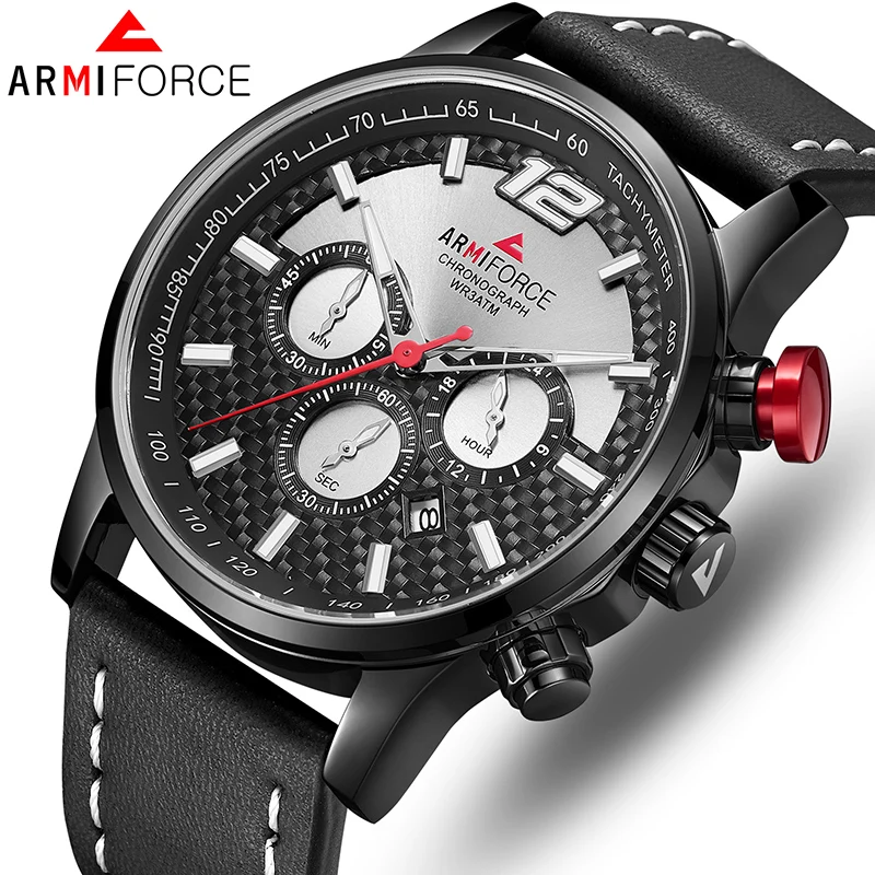 ARMIFORCE Роскошные мужские часы из натуральной кожи спортивные наручные часы кварцевые мужские часы с датой водонепроницаемые часы Relogio Masculino