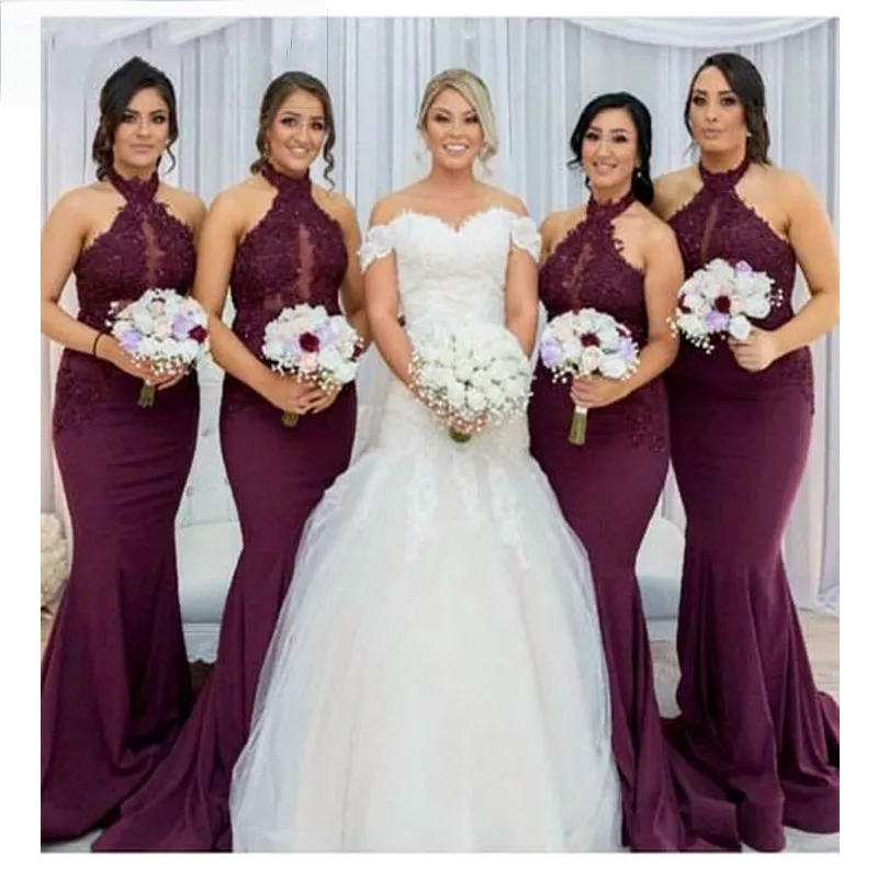 mermaid lace Burgundy bridesmaid dresses wedding party dress Halter appliques guest vestido de festa 2021 | Свадьбы и торжества