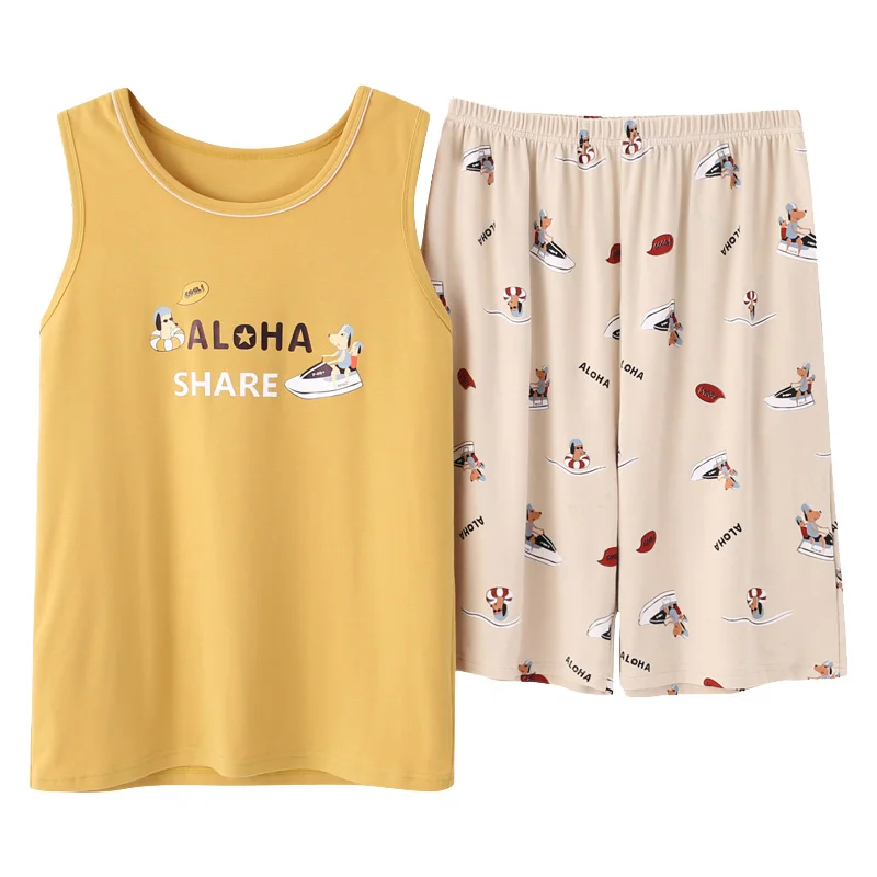 

Summer Pijama Hombre Cotton Men's Vest Pajamas Cartoon Pajama Set Men Sleepwear Plus Size L-3XL Loose Soft Pyjama Homme