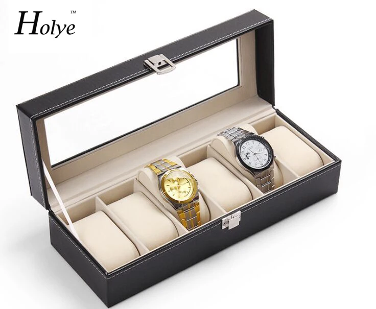 

Hot Sale Good Quality WristWatch Display Storage Organizer Box Charms Watch Container 6 Cell Leather Windowed Case watch box