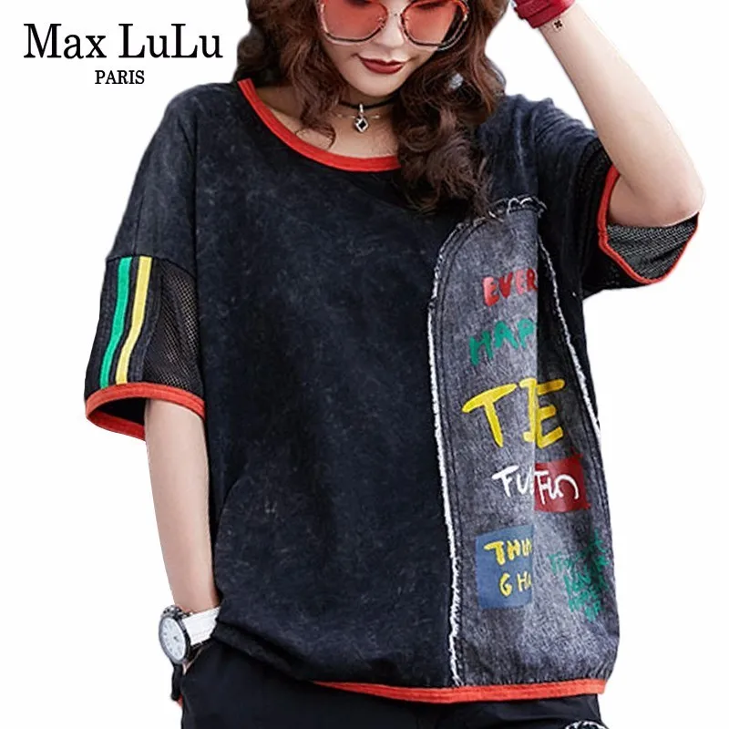 Max LuLu, летние модные корейские женские панковские топы, женские сексуальные сетчатые черные футболки, винтажные Лоскутные принтованные футболки размера плюс