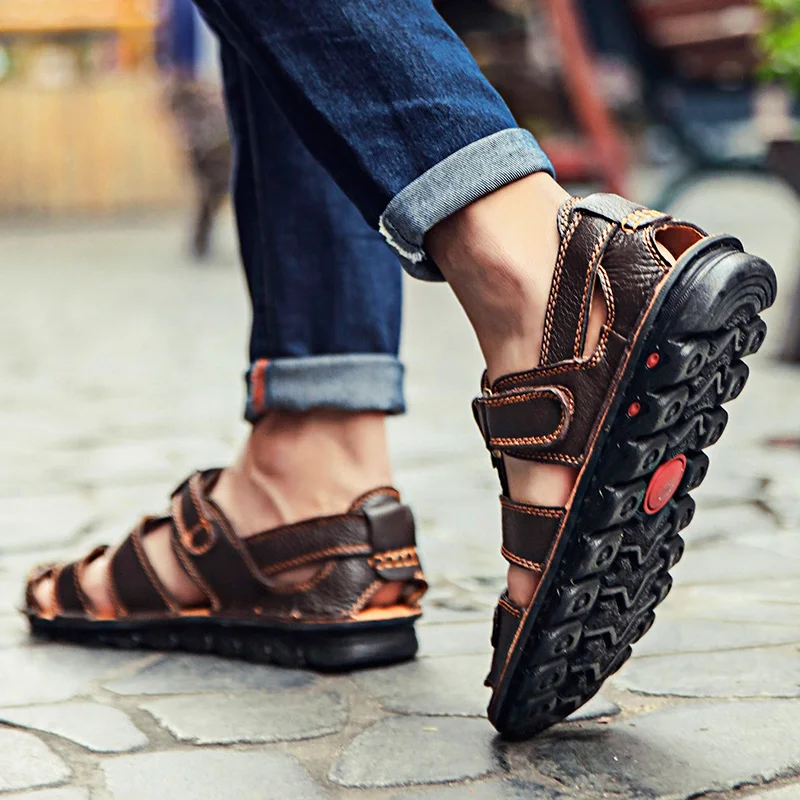 Мужские кожаные повседневные сандалии размера плюс 48 мужские для пеших прогулок