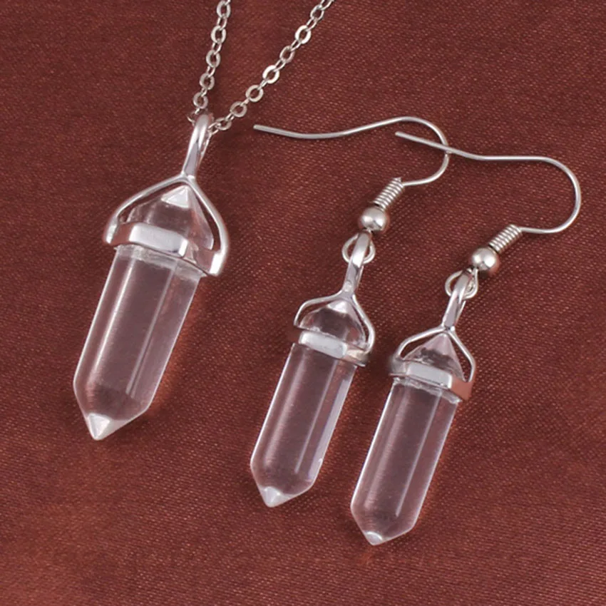 

xinshangmie Natural Mixed Color Stone Hexagon Column Pendant Necklace Drop Earrings Fashion Charm Jewelry Sets Wholesale 10Sets
