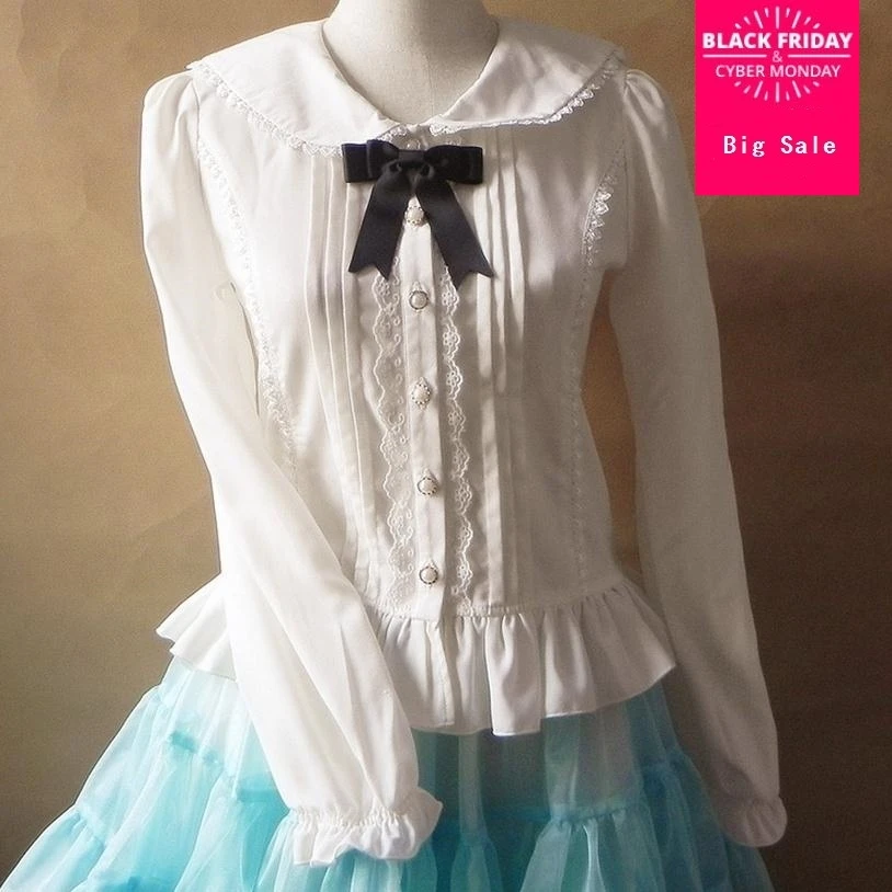 The new brand Japanese Lolita cute wind lace shirt chiffon white shirt women long sleeves ruffle blouse w1964