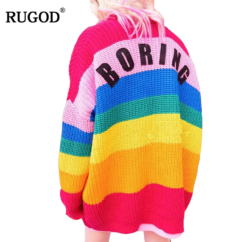 Rugod 2019 Rainbow Cardigan Women Sweater Loose Letter Print Knitted Tops Femme Brand Casual Poncho Open Stitch |