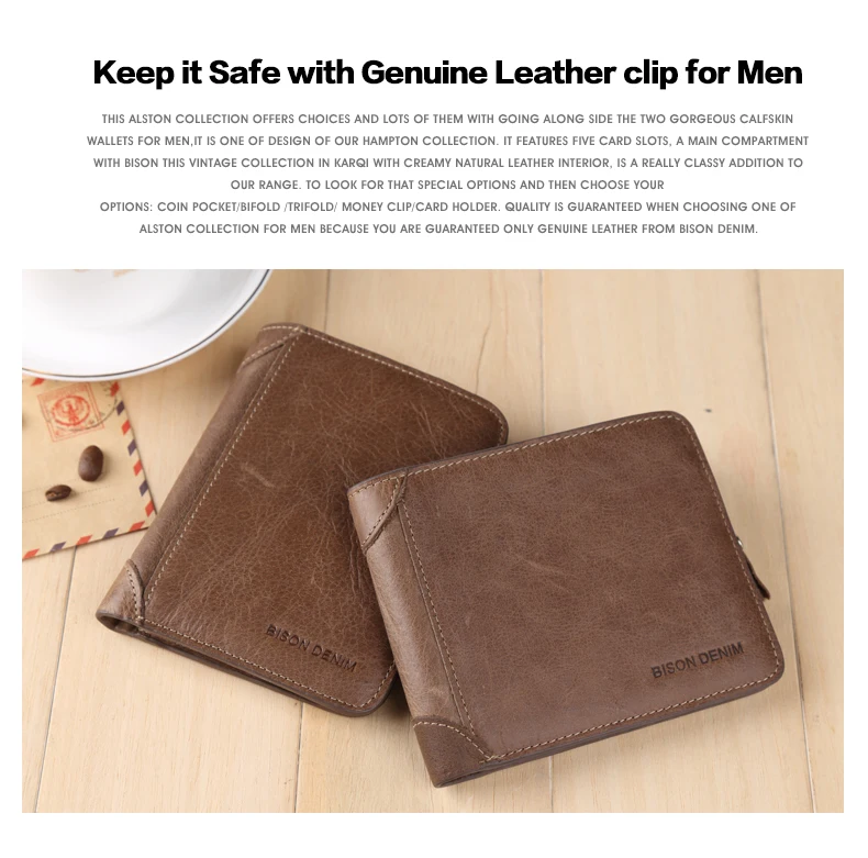 BISON DENIM Genuine Leather RFID wallet Men red brown vintage purse card holder Brand men wallets dollar price Male Purse 4361