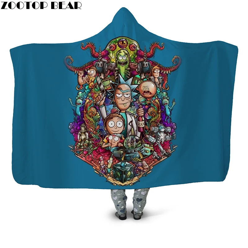 Плюшевое одеяло с капюшоном 3D принтом Рик и Морти для взрослых детей теплое