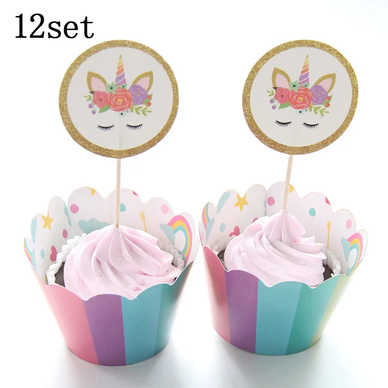 cupcake6 X12set 12 компл. Мультфильм розовый голубой Единорог обертки для кексов Свадьба для именинного пирога декоративный для Бэйби шауэра вечерние поставки Единорог торт Топпер - Цвет: cupcake6 X12set