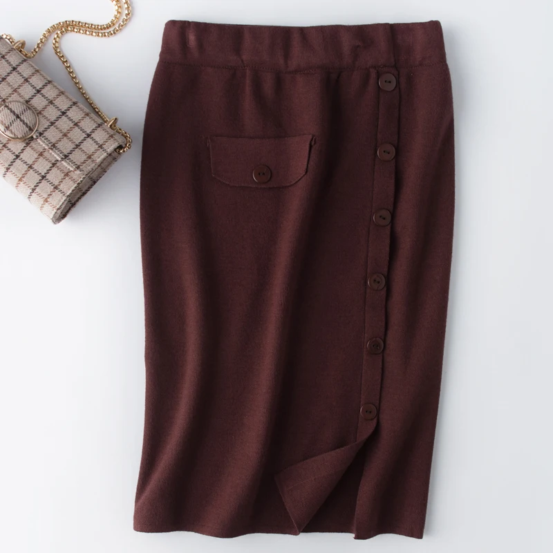 AreMoMuWha New Spring Autumn Vintage Solid Knitting Skirt Women Work Wear High Waist Skirts Elegant All-Match Button Mh092 | Женская