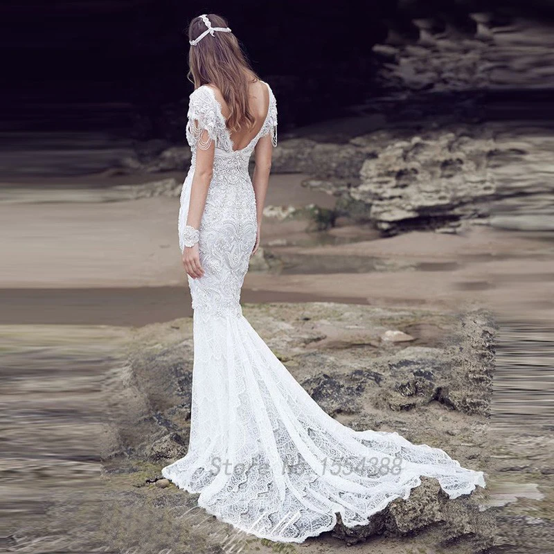 Sexy Beach Свадебное Платье Роскошные Бусы Кристалл Русалка Кружева Boho 2017 Vestido де Noiva