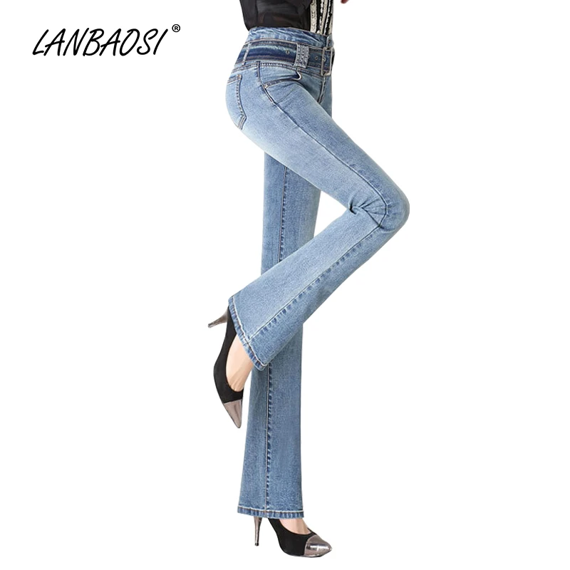 Женские расклешенные джинсы LANBAOSI синие джинсовые брюки палаццо с высокой