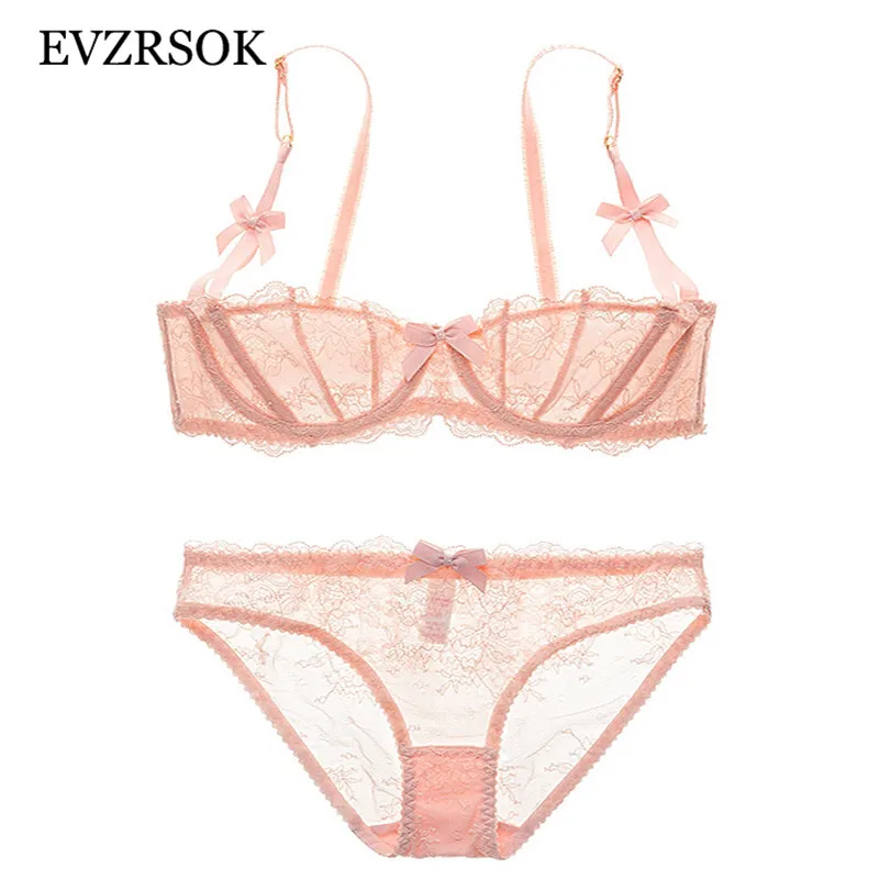 Женский прозрачный бюстгальтер с вышивкой розовый ультратонкий комплект