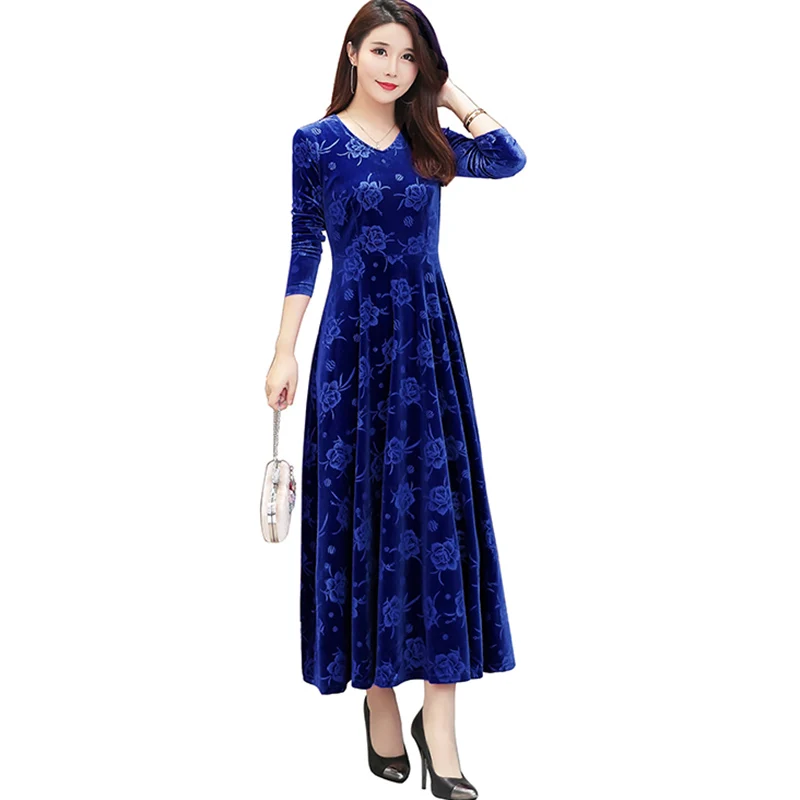 2019 женское осенне-зимнее платье модное Золотое бархатное большого размера