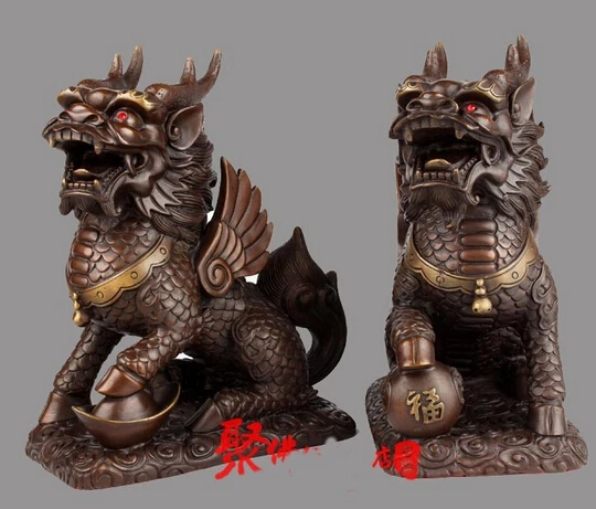 Китай (материк) Бронзовый фэншуй Yuanbao мяч Единорог kylin Kirin Foo собака статуя льва