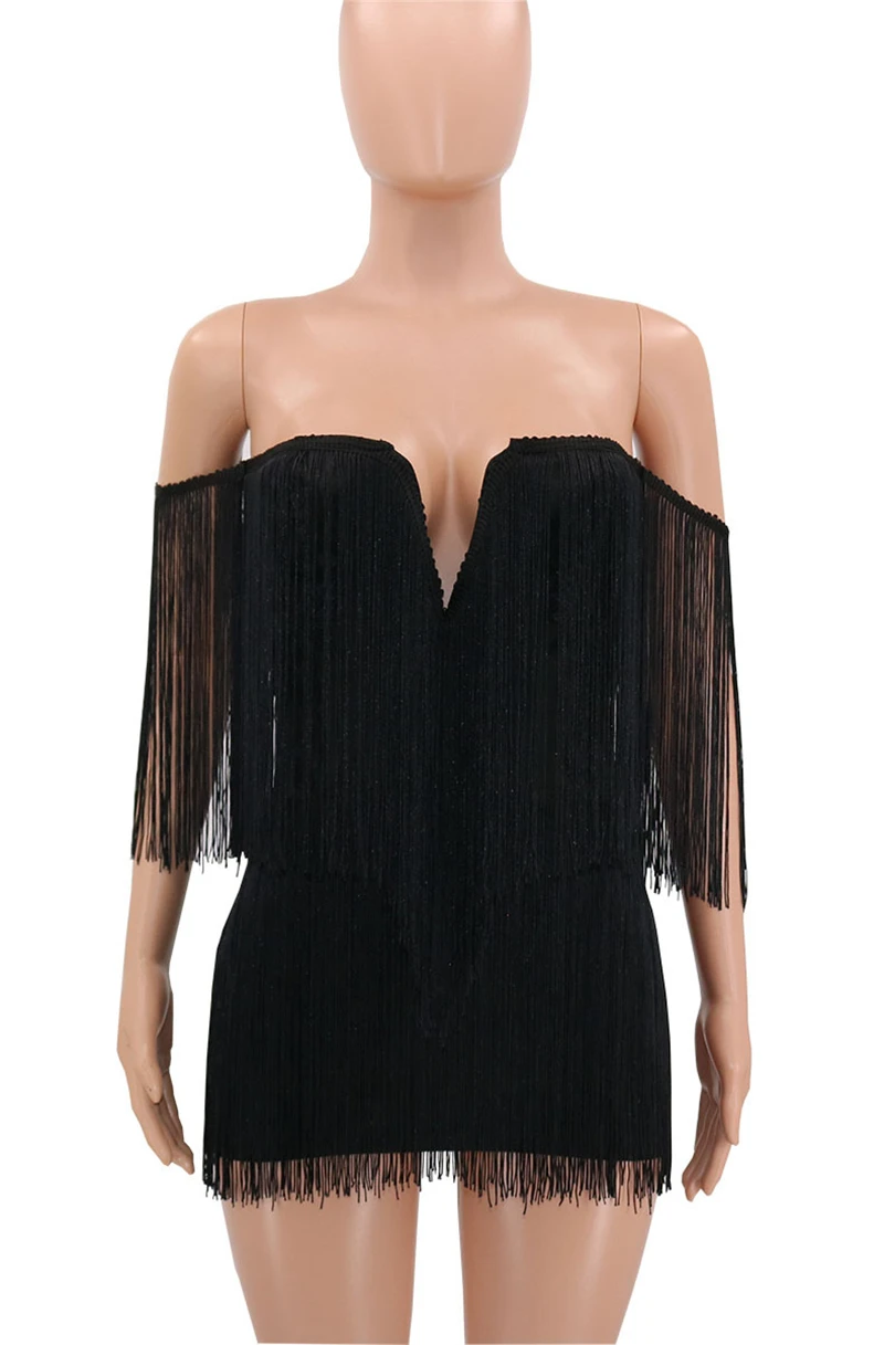 Women Sexy Tassel Dress Strapless Backless V Neck Dresses Autumn Club Sleeveless Fringed Celebrity Party Elegant Vestidos | Женская