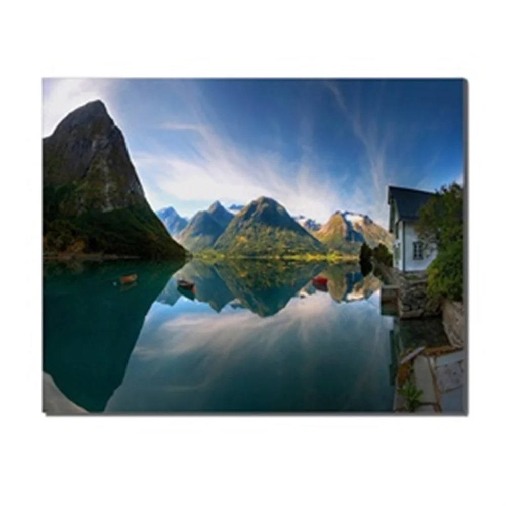 Природный пейзаж горы озеро дом голубое небо облако холст картина для домашнего декора гостиная спальня