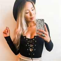 2019 girls new fashion sexy solid lace up bodycon bodysuit v neck long sleeve bandage romper leotard knitted bodysuits hot