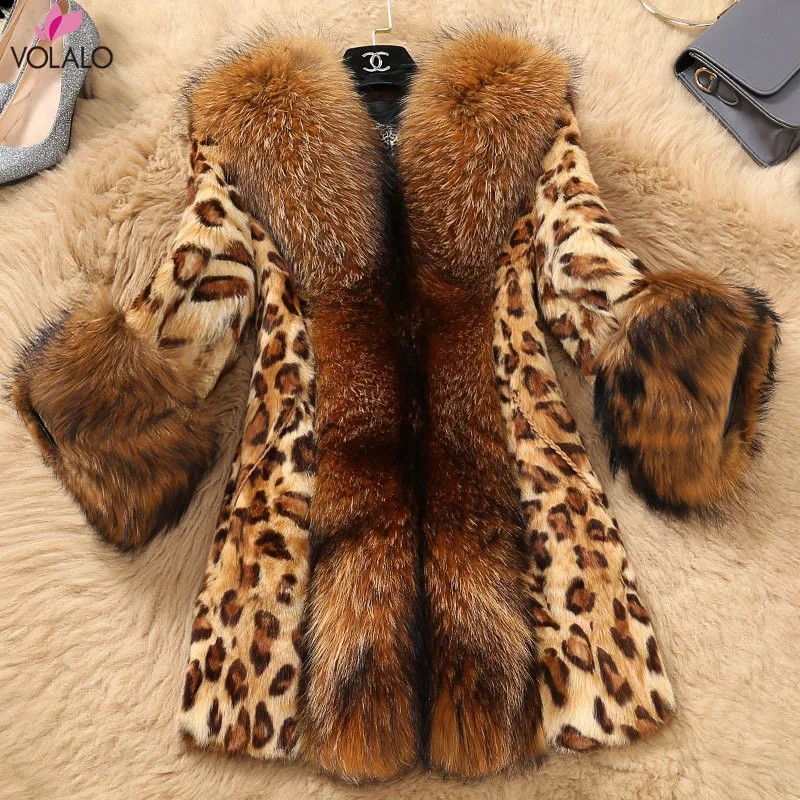 S-6XL Plus Size Leopard Print Sexy Natural Fox Fur Coats Outerwear Women Whole Skin Overcoat Jackets Raccoon Dog Collar | Женская одежда