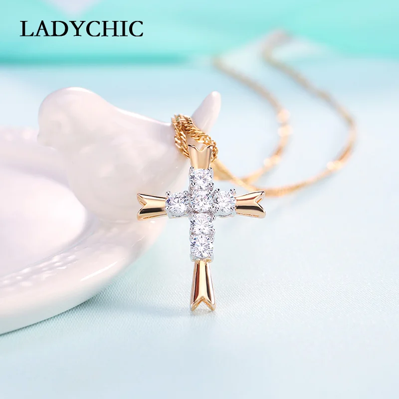 

LADYCHIC 2021 New Hot Gold Color Cross Pendant Necklace Paved Austrian Crystal Fashion Clear CZ Zircon Jewelry for Women LN1052