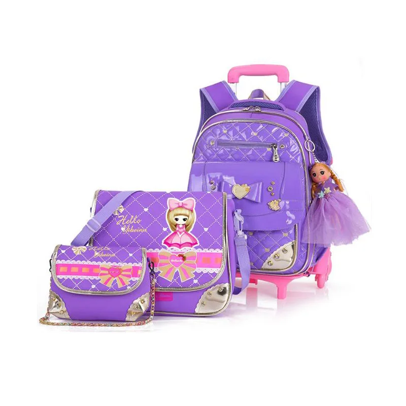 purple Школьные сумки для девочек с 3 колесами мультяшная Съемная школьная сумка на колесах водонепроницаемые нейлоновые детские Студенческие рюкзаки большой емкости - Цвет: purple