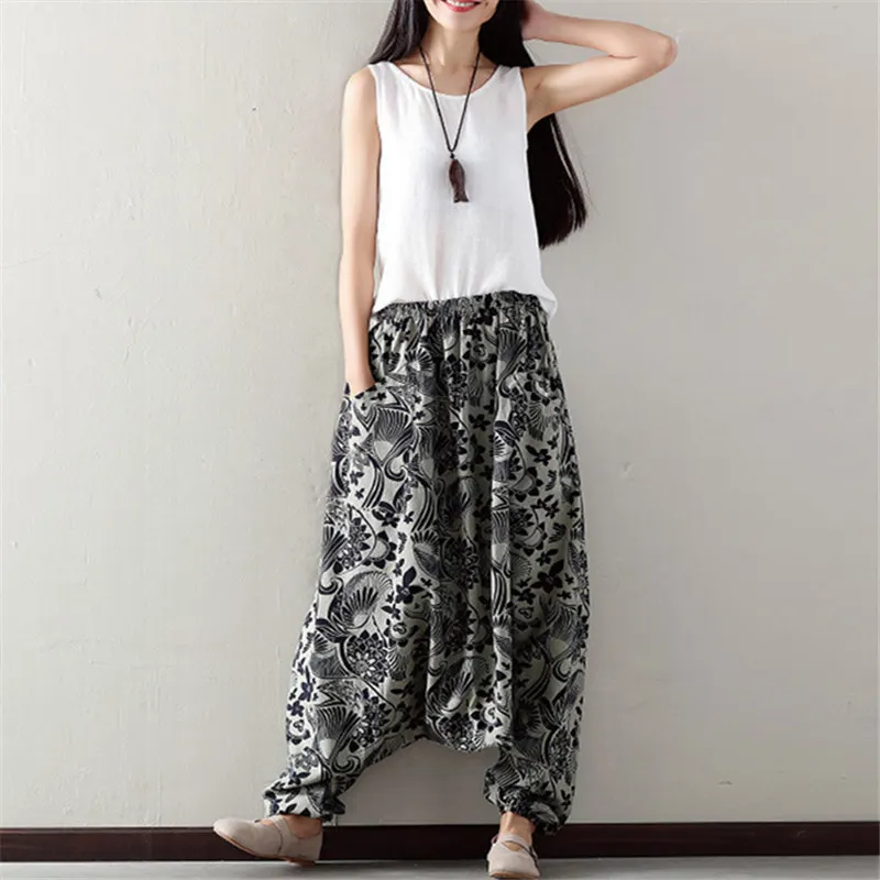 Женские штаны-шаровары Boho, свободные, негабаритные, смешанный хлопок, уличная одежда, хип-хоп танцевальные брюки, этнический принт, брюки хиппи