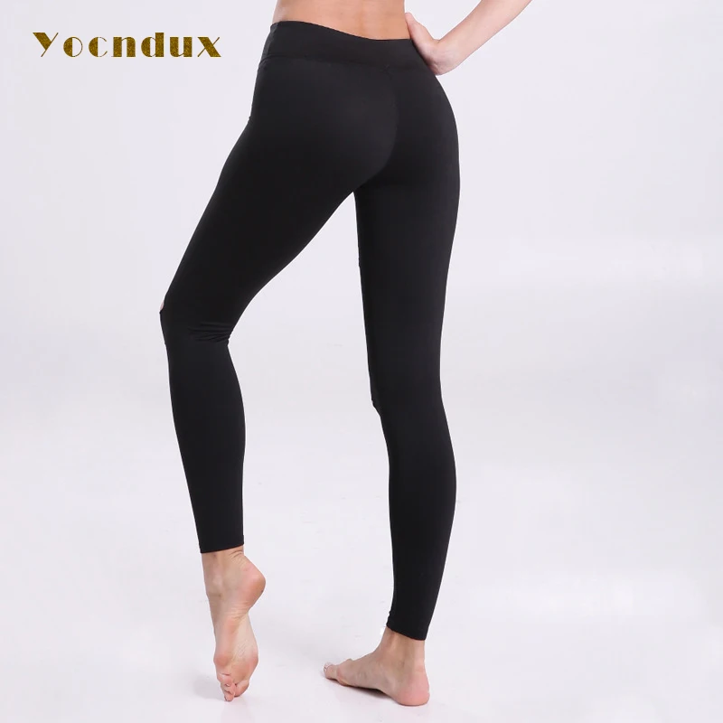 Yocndux спортивные Yoga Брюки для девочек дырочку пикантные Для женщин Леггинсы для женщин Фитнес gymming черные брюки дамы Высокая Талия упругой Капри xl
