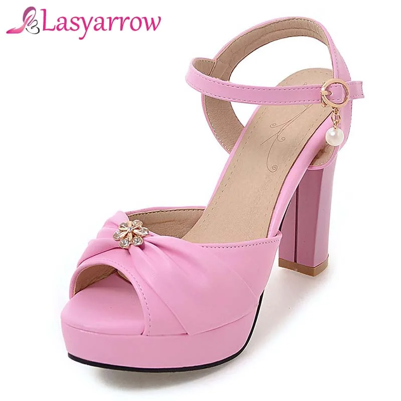 

Lasyarrow Summer Sandal Women High Heel Sandals Chunky Block Heel Black Open Toe Pearl Sandal Shoes for Dress Party Big Size 43