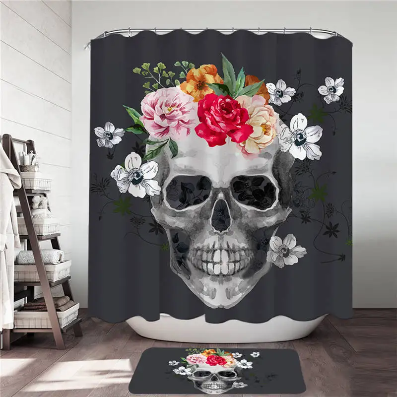 Skull2 Постельные принадлежности Outlet Sugar Комплект штор для душа с черепом Цветочные занавески для ванной комнаты 2 шт цветы коврик для ванной коврик набор готический черный rideau de douche - Цвет: Skull2