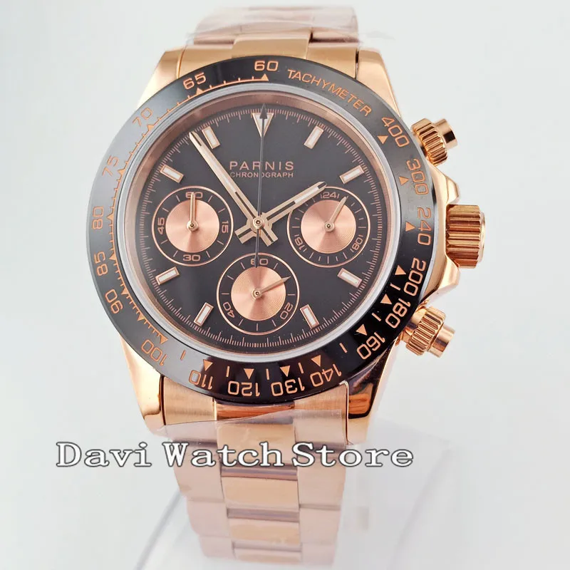 39 мм черный циферблат розовое золото стальной ремешок полностью хронограф