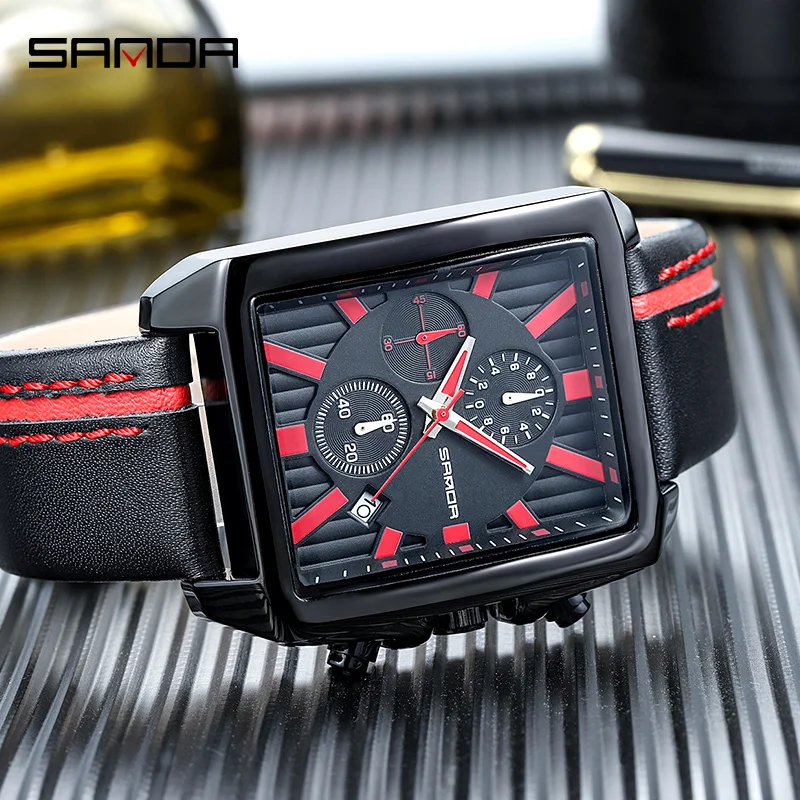 SANDA новые кварцевые часы с кожаным ремешком мужские спортивные хронографом