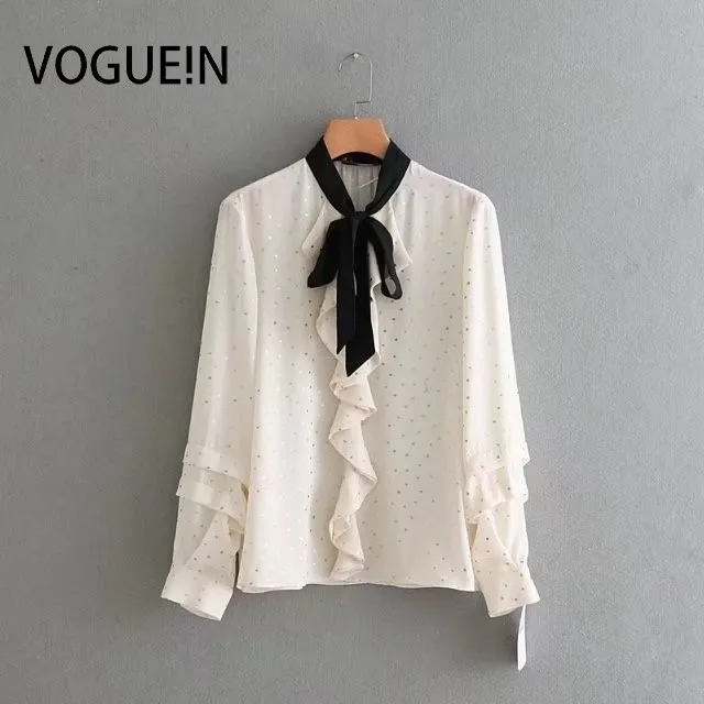 VOGUEIN Новая женская блузка в Золотой горошек с галстуком-бабочкой и длинными
