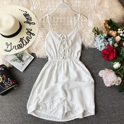 white dot ALPHALMODA, летний женский пляжный комбинезон с цветочным принтом, на шнуровке, на груди, эластичный сзади, без рукавов, повседневный короткий шифоновый комбинезон - Цвет: white dot