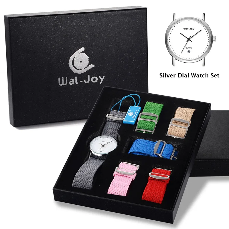 SilverDial Watch Set Бренд Wal-Joy, женские повседневные водонепроницаемые часы с календарем и датой, чехол, женские стильные нейлоновые наручные часы с ремешком, подарки для студентов, кварцевые часы - Цвет: SilverDial Watch Set