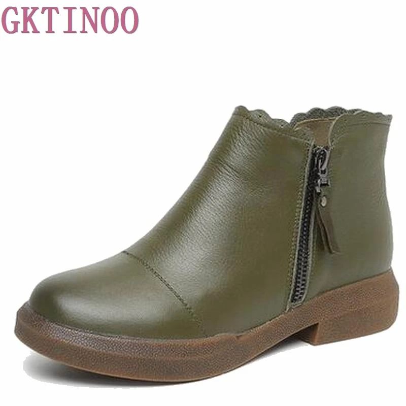 Женские зимние ботинки из натуральной кожи Винтажные на плоской подошве мягкой