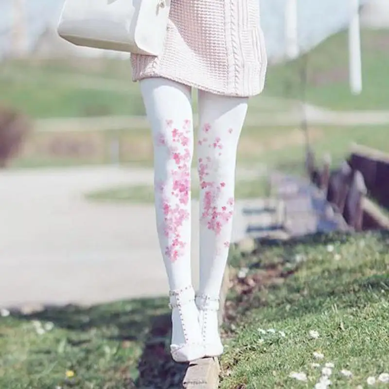 

500d Micro-pressure Overhead Cherry Blossom Lady Printed Silk Pantyhose Wholesale Winter Velvet Lining Thick Leg Warmers