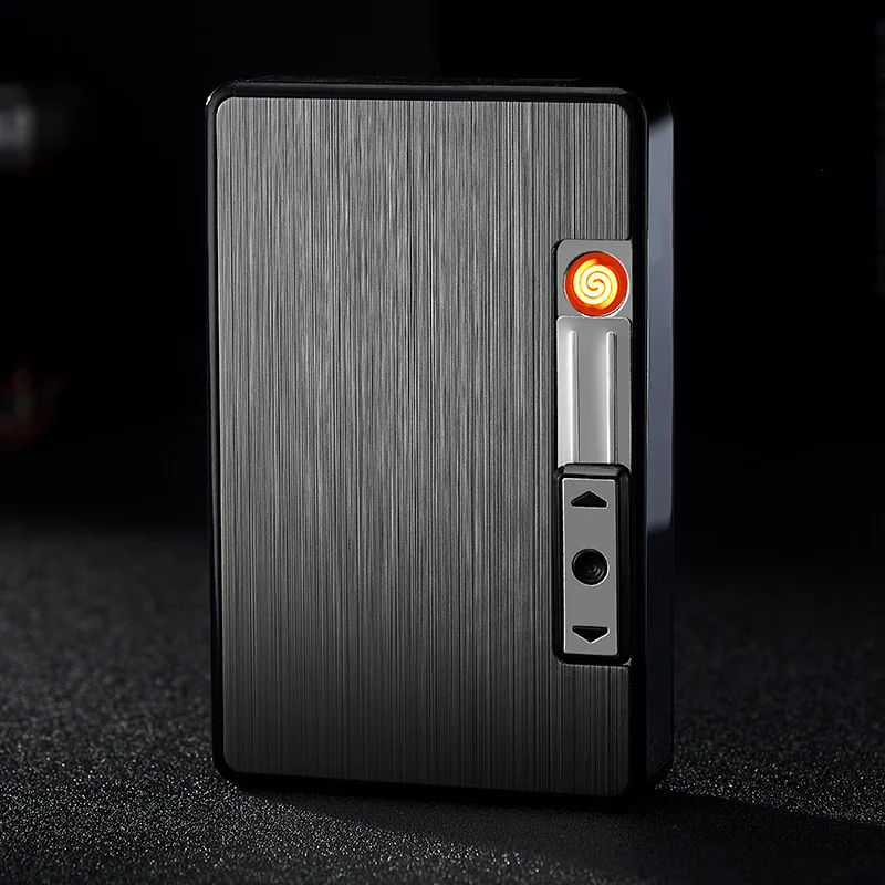 Black Waterproof Metal Cigarette Case with Lighter USB Plasma Arc Lighter Automatic Tobacco Box Holder Windproof Turbo Coil Lighters - Цвет: Black
