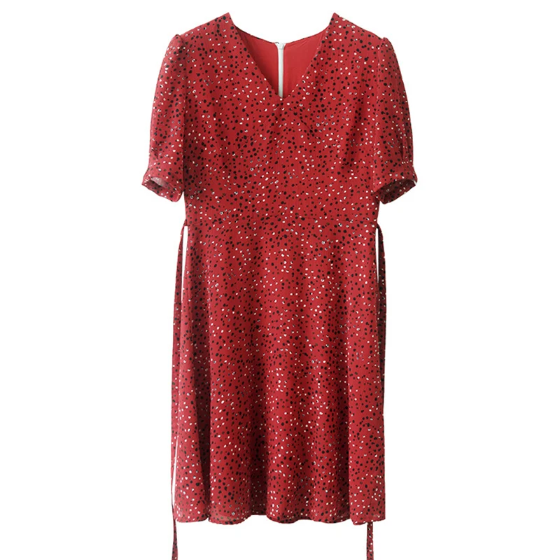 PERHAPS U red apricot polka dot v neck puff sleeve short a line dress mini beach vocation D1311 | Женская одежда