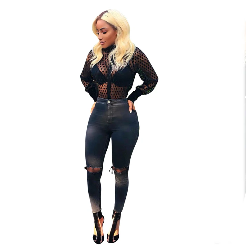 

Fashion Mesh Blouse Women's Long Sleeve Polka Dot Crew Neck Womens Tops And Blouses Sexy Sheer Shirt Hot HC021
