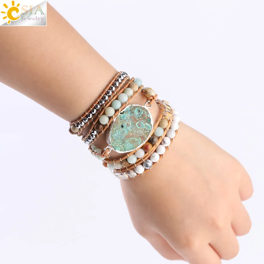 CSJA Boho Agates Wrap Bracelets Natural Stone Beads Green Ocean Charms Jewelry 5 Strand Girls Friendship Leather Bracelet S217 | Украшения
