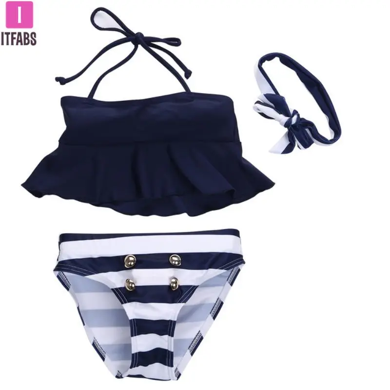 3Pcs Swim Suit Kids Baby Girls Bikini Set Outfits Navy Striped Headband Swimsuit Girl Swimwear Bathing Swimming Wear | Спорт и