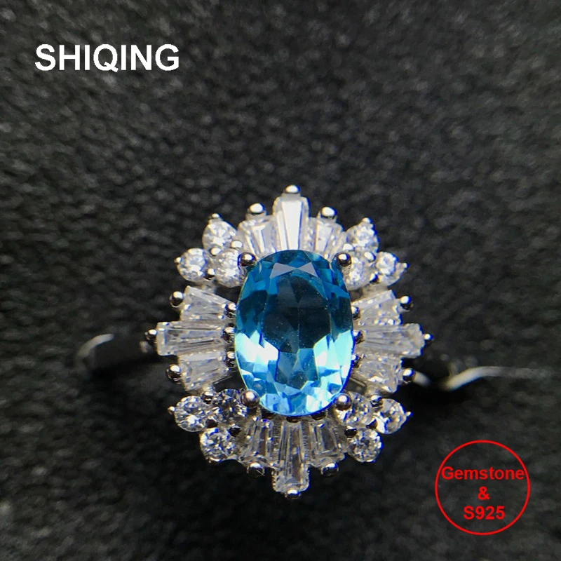 

SHIQING Flower oval nature blue topaz 925 sterling silver classical gemstone rings for women